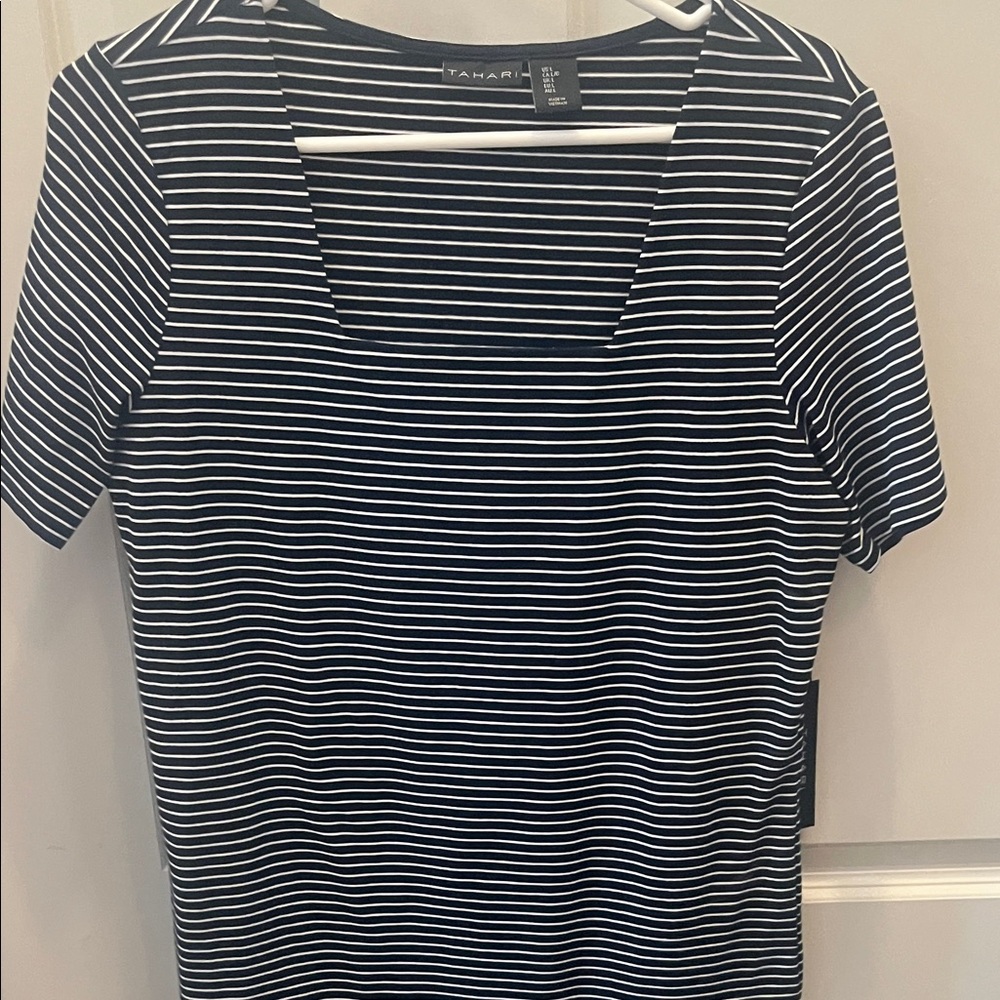 Tahari Navy and White Striped Short Sleeve Tee